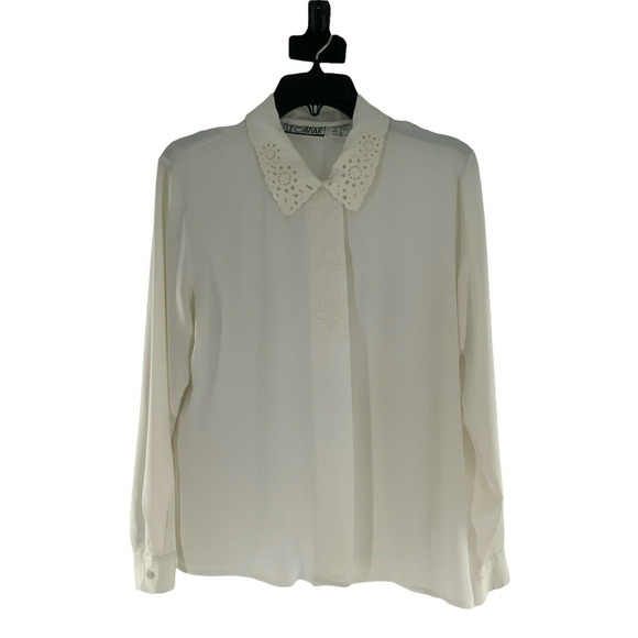 Le Caviar Vintage Blouse Womens Size 8 Long Sleeves Embroidered Collar White Top - Picture 1 of 11